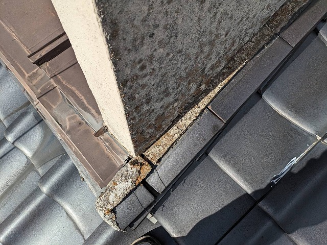伊那市：住宅の下屋根の上のモルタル外壁にカビを確認