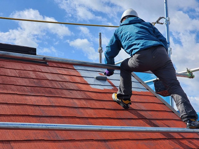 屋根の上でローラーを用いて塗装している作業員